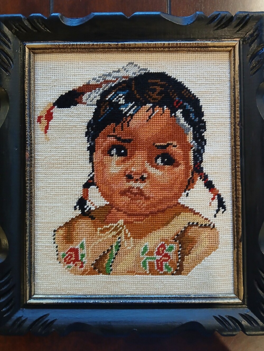 Framed Cross-Stitch Portrait in Brown and Black